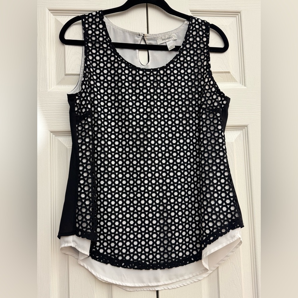 dressbarn Black Geometric Overlay Tank with White Underlayer